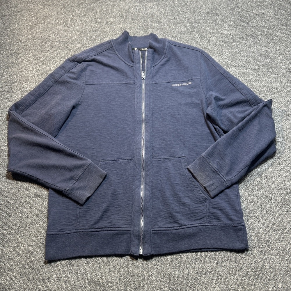 Guess Sweater Mens XL Mock Neck Full Zip Navy Blue Cotton Long Sleeve Track